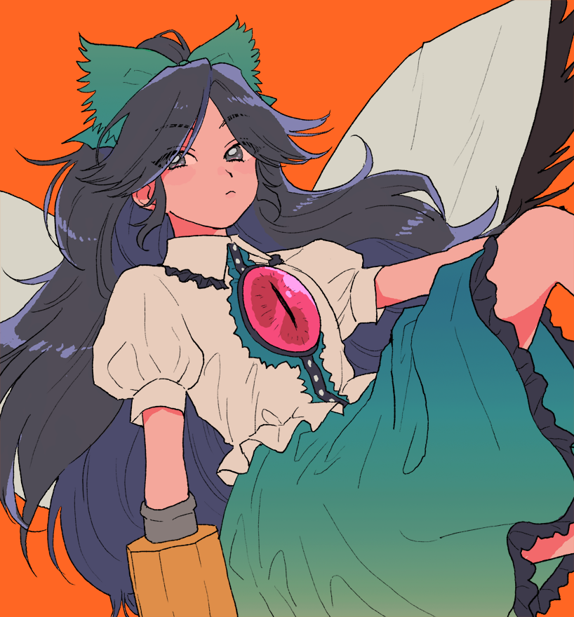 1girl, arm_cannon, black_eyes, black_hair, bow, discowars, frilled_skirt, frills