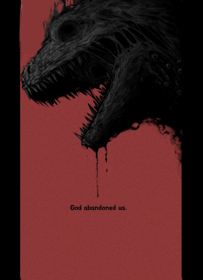 blood, derivative_work, blood_drip, english_text, godzilla, godzilla_(series), godzilla_(shin), highres, horror_(theme), monster, no_humans, open_mouth, poster_redraw, red_background, sagging_(artist), scales, sharp_teeth, shin_godzilla, simple_background, solo, teeth