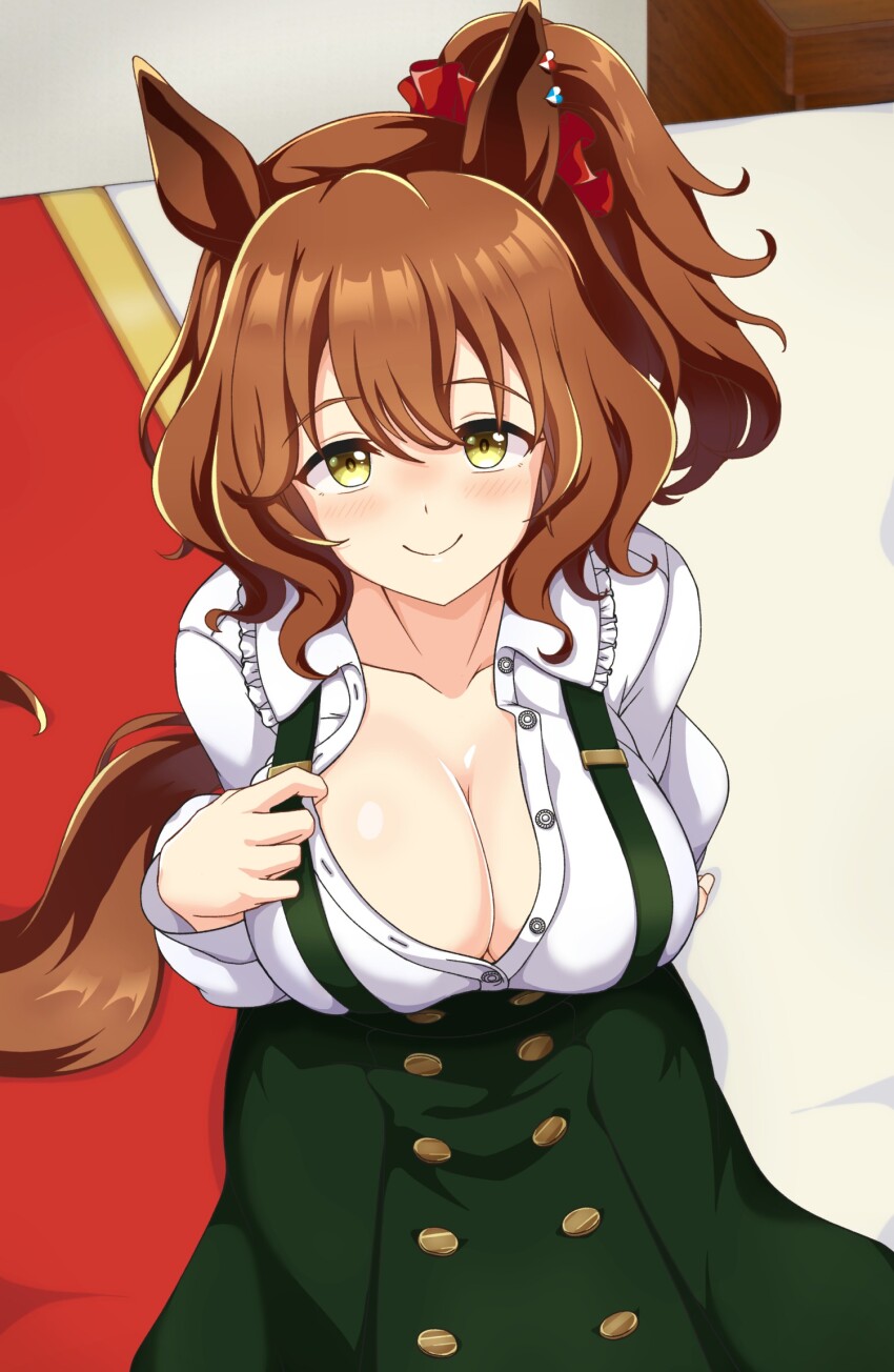 1girl, animal_ears, aston_machan_(casual)_(umamusume), aston_machan_(umamusume), bed, blush, breasts, brown_hair