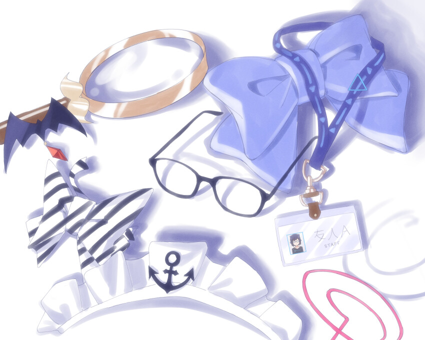 a-chan_(hololive), absurdres, anchor_ornament, bat_hair_ornament, black_bow, blue_bow, bow, character_name, commentary, diagonal-striped_bow, english_commentary, ginfutsuu, glasses, hair_ornament, highres, hololive, hololive_english, id_card, kiryu_coco, lanyard, limiter_(tsukumo_sana), magnifying_glass, maid_headdress, minato_aqua, no_humans, object_focus, shadow, striped_bow, trait_connection, tsukumo_sana, two-tone_bow, unworn_eyewear, unworn_hair_ornament, unworn_headwear, virtual_youtuber, watson_amelia, white_background, white_bow, yozora_mel