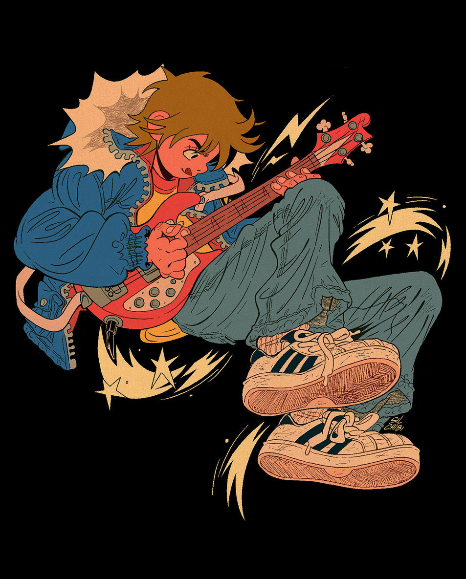 1boy, bass_guitar, black_background, commentary, denim, english_commentary, full_body, fur-trimmed_jacket