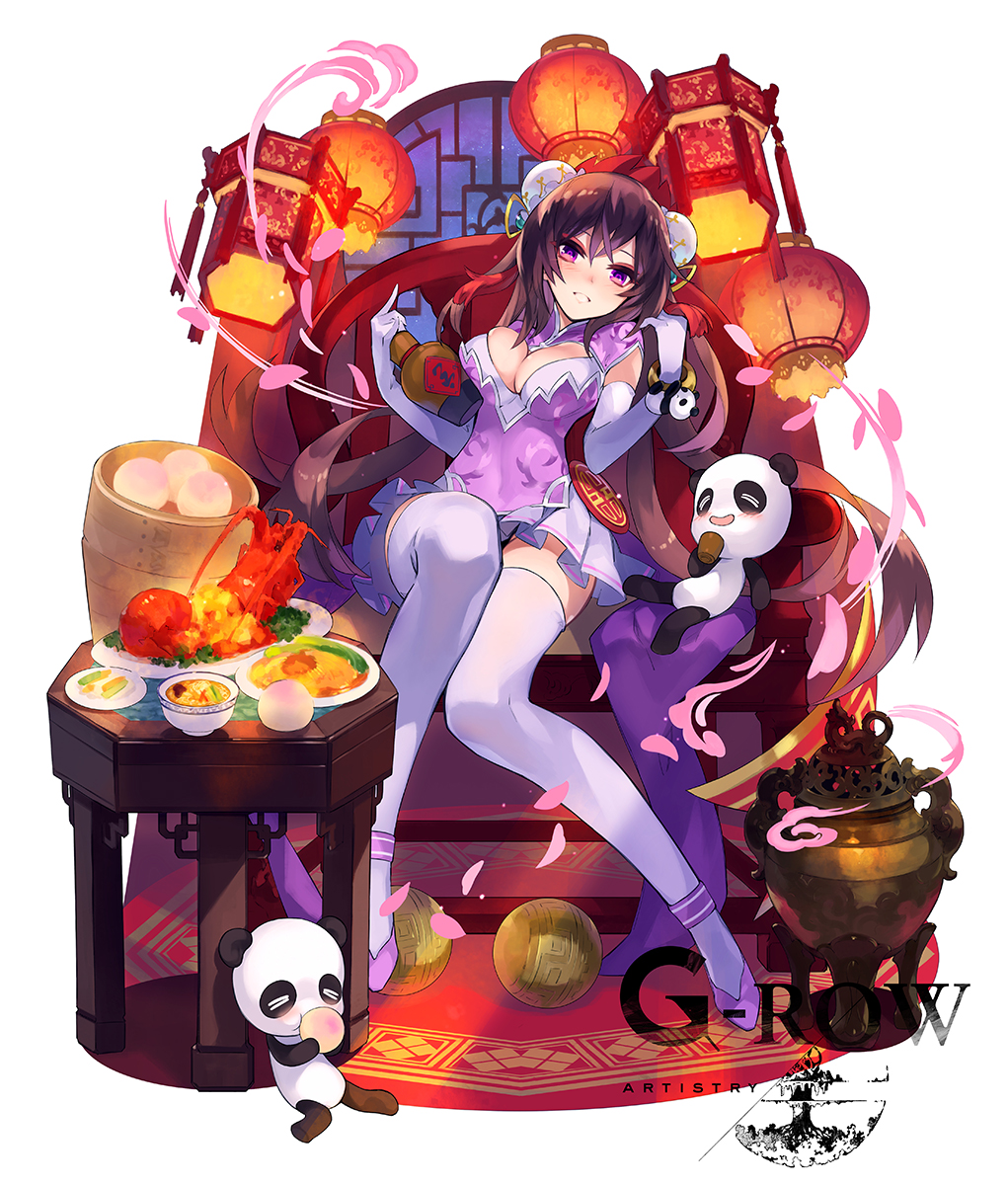 1girl, bashosen, blush, breasts, chair, cleavage, cleavage_cutout, clothing_cutout, commentary_request, da-kuro, elbow_gloves, food, full_body, gloves, highres, lantern, large_breasts, lobster, long_hair, looking_at_viewer, official_alternate_costume, official_art, on_chair, panda, paper_lantern, parted_lips, phantom_of_the_kill, purple_eyes, second-party_source, sitting, skirt, smile, solo, steamed_bun, table, thighhighs, white_background