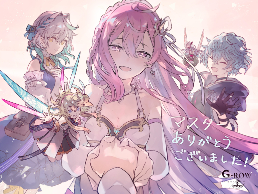 5girls, ^_^, ahoge, almace_(phantom_of_the_kill), armor, black_gloves, blonde_hair, blue_eyes