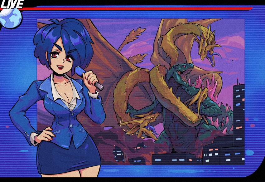 1girl, alien, atari, battle, blue_hair, blue_tongue, breasts, building, business_suit, city, cleavage, cloud, colored_tongue, curvy, destruction, dinosaur, doobermcgoober, dragon, dress, dusk, dust, extra_tails, fighting, formal_clothes, giant, giant_monster, godzilla, godzilla:_domination!, godzilla_(series), highres, holding, holding_microphone, horns, hydra, kaiju, king_ghidorah, lipstick, live, live_broadcast, looking_at_viewer, makeup, matsu_connie, medium_breasts, microphone, monster, multiple_heads, narrow_waist, news, newscaster, night, no_pupils, open_mouth, pipeworks, purple_sky, red_eyes, reporter, roaring, sea_monster, sharp_teeth, short_hair, skirt, sky, skyscraper, smoke, space_monster, spikes, standing, strangling, suit, tail, teeth, thick_thighs, thighs, toho, tongue, tongue_out, wayforward, wide_hips, wings, yellow_eyes