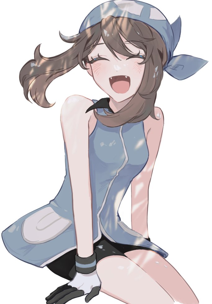 1girl, :d, ^_^, bandana, black_gloves, black_shorts, blue_bandana, blue_shirt, blush, brown_hair, closed_eyes, dda_sso, facing_viewer, fangs, gloves, hair_between_eyes, hand_rest, invisible_chair, long_hair, long_shirt, may_(pokemon), nintendo, open_mouth, pokemon, pokemon_adventures, shirt, shorts, sidelocks, sitting, sleeveless, sleeveless_shirt, smile, solo, swept_bangs, two-tone_gloves, white_gloves