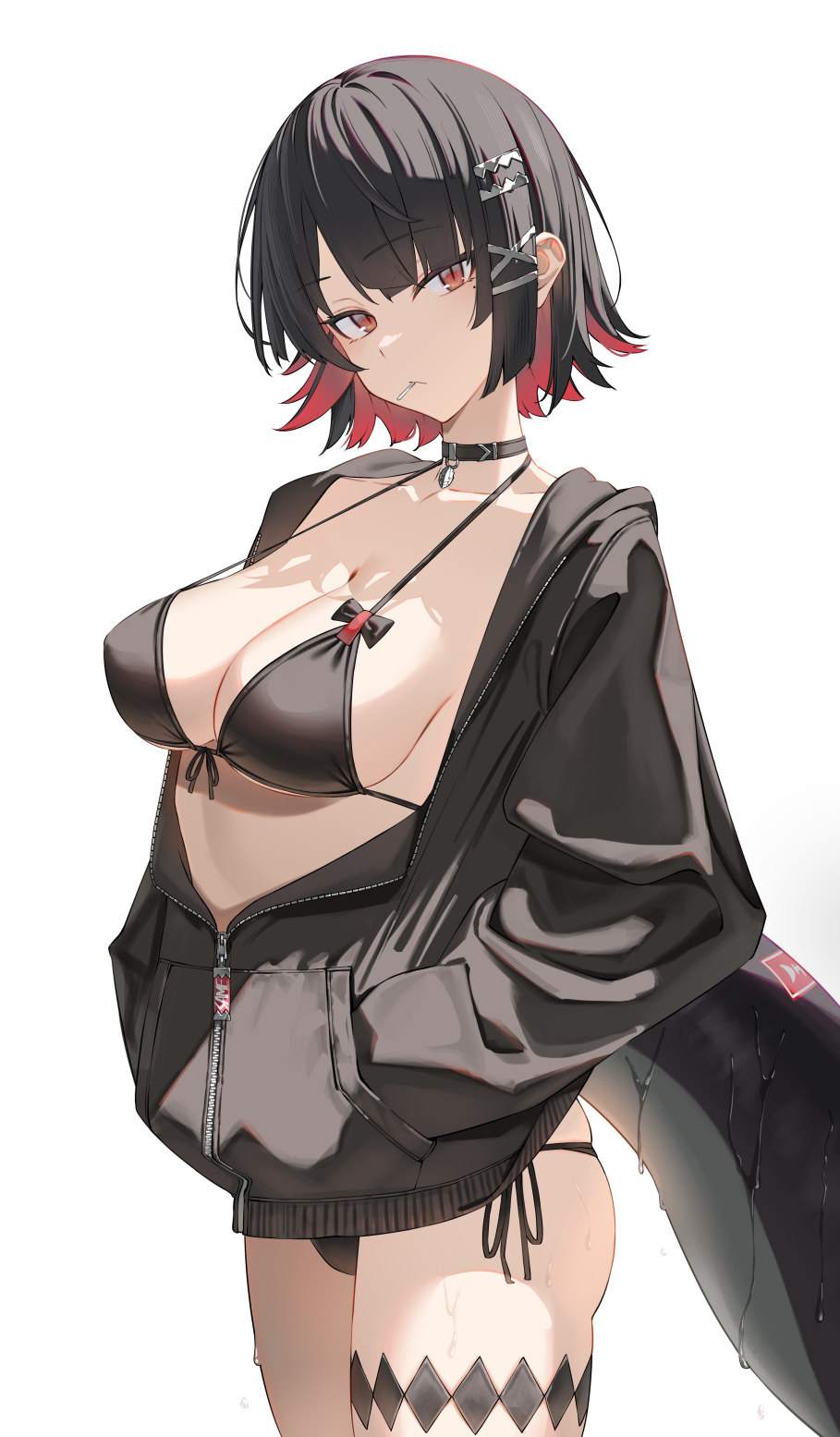 1girl, bare_shoulders, bikini, black_bikini, black_hair, blush, breasts, cleavage