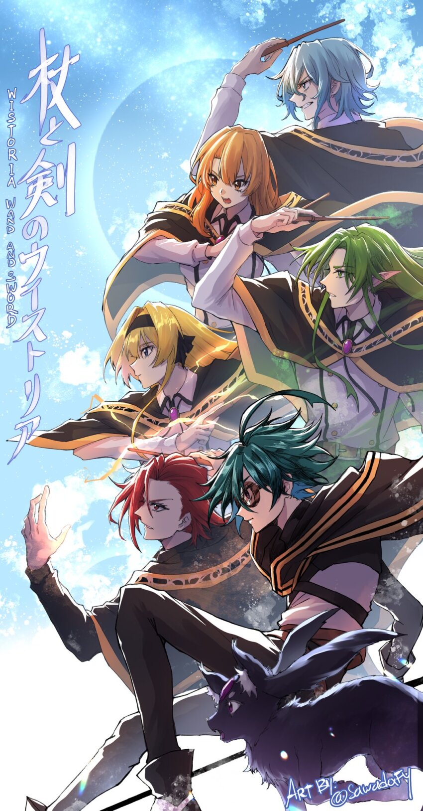 2girls, 4boys, aqua_hair, black_capelet, blonde_hair, blue_hair, blue_sky, brooch