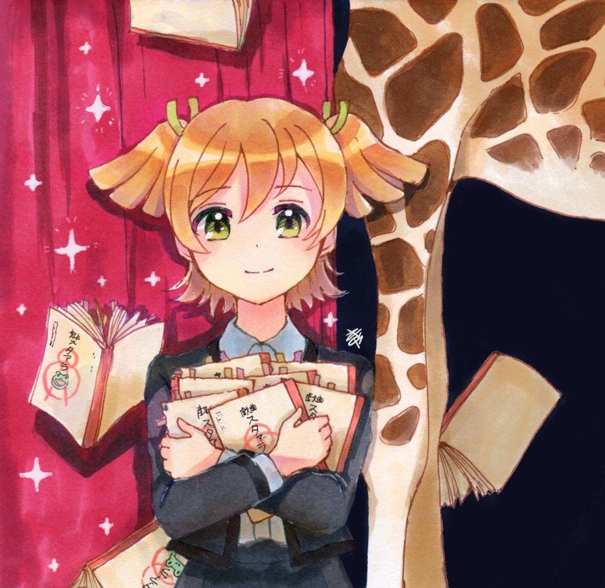 1girl, black_jacket, black_skirt, blonde_hair, book, closed_mouth, collared_shirt, commentary