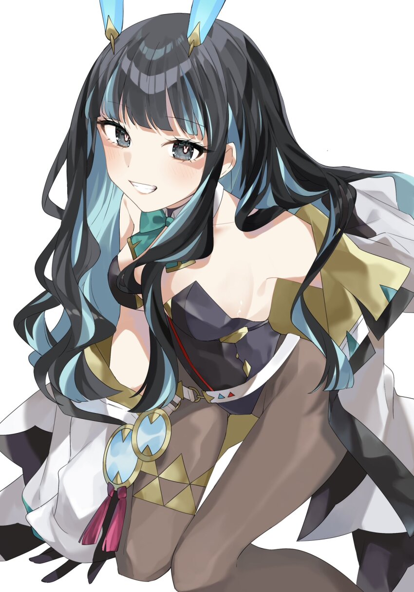 1girl, animal_ears, black_eyes, black_hair, black_leotard, blue_hair, breasts, brown_pantyhose, colored_inner_hair, eyeliner, fake_animal_ears, fate/grand_order, fate_(series), glowing_pupils, highleg, highleg_leotard, highres, jacket, leotard, long_hair, looking_at_viewer, makeup, multicolored_hair, multicolored_jacket, ooo00_cha, pantyhose, playboy_bunny, rabbit-shaped_pupils, rabbit_ears, sidelocks, smile, solo, symbol-shaped_pupils, tenochtitlan_(fate), tenochtitlan_(swimsuit_mooncancer)_(fate), tenochtitlan_(swimsuit_mooncancer)_(third_ascension)_(fate), yellow_jacket