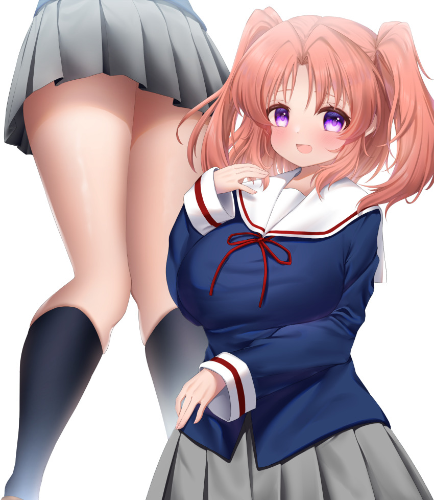 1girl, black_socks, breasts, grey_skirt, highres, kanda_kaname, large_breasts, long_sleeves, looking_at_viewer, medium_hair, mikakunin_de_shinkoukei, miniskirt, open_mouth, parted_bangs, pink_hair, pleated_skirt, purple_eyes, school_uniform, skirt, smile, socks, two_side_up, yonomori_kobeni