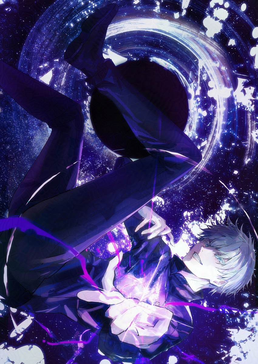 1boy, black_hole, black_jacket, black_pants, blue_eyes, domain_expansion, flick, gojou's_imaginary_technique