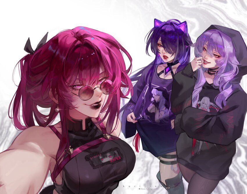 3girls, absurdres, acheron_(honkai:_star_rail), animal_ear_headphones, animal_ears, artist_name, black_hoodie, black_lips, black_shirt, black_swan_(honkai:_star_rail), boots, cat_ear_headphones, cat_ears, ear_piercing, eyeshadow, fake_animal_ears, hair_over_one_eye, headphones, highres, honkai:_star_rail, honkai_(series), hood, hoodie, ikari_inu, kafka_(honkai:_star_rail), knee_boots, leg_tattoo, makeup, multicolored_hair, multiple_girls, pantyhose, piercing, pink_eyes, pink_hair, purple_hair, purple_nails, purple_sweater, red_eyeshadow, red_lips, round_eyewear, shirt, signature, streaked_hair, sweater, tattoo, white_background, yellow_eyes