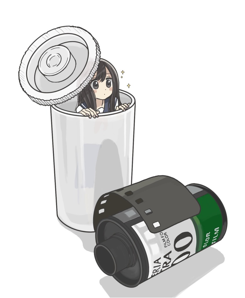 1girl, black_eyes, black_hair, blue_sailor_collar, blush_stickers, film_canister, film_strip, highres, in_container, long_hair, manmi, original, sailor_collar, school_uniform, serafuku, solo