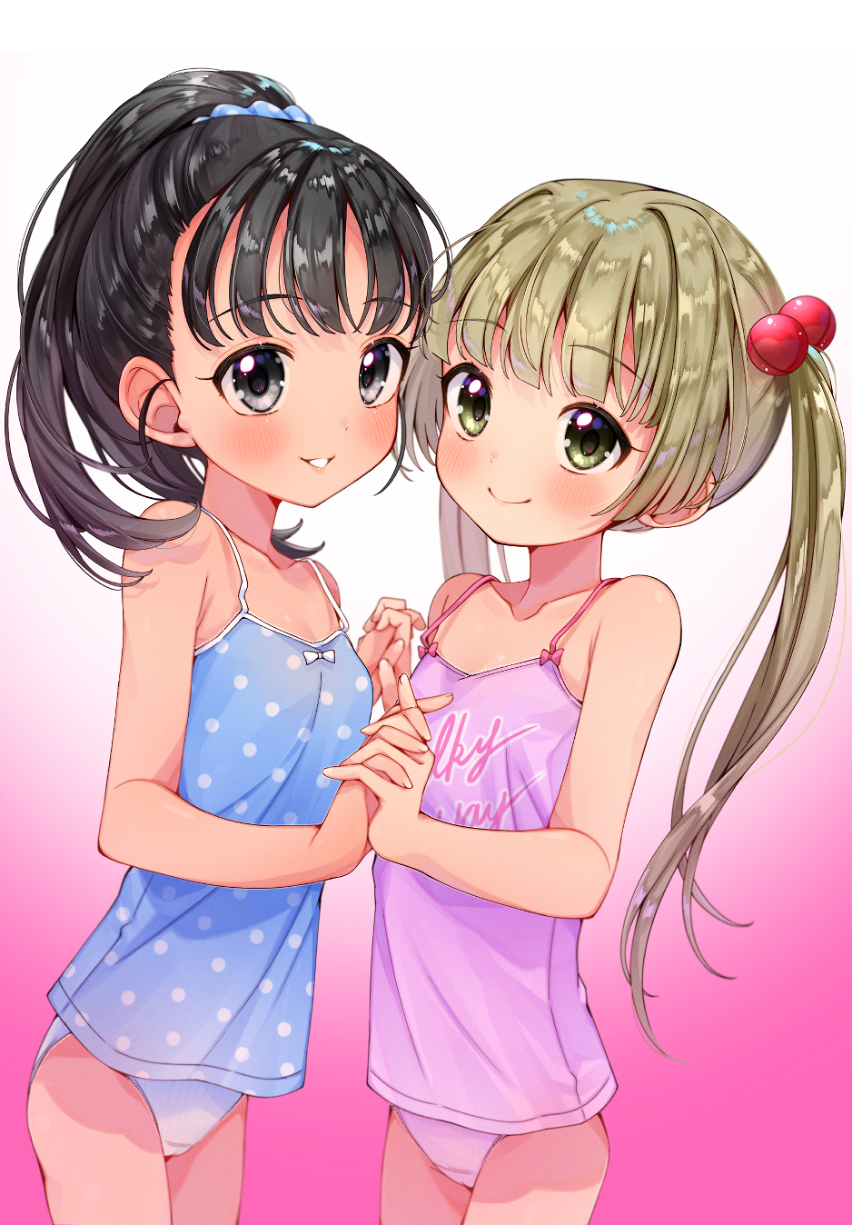 2girls, 31reyo, armpit_crease, black_eyes, black_hair, blonde_hair, blue_camisole, blue_scrunchie