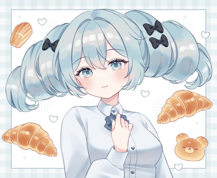 1girl, :3, aqua_eyes, aqua_hair, artist_name, black_bow, blue_bow, blue_bowtie