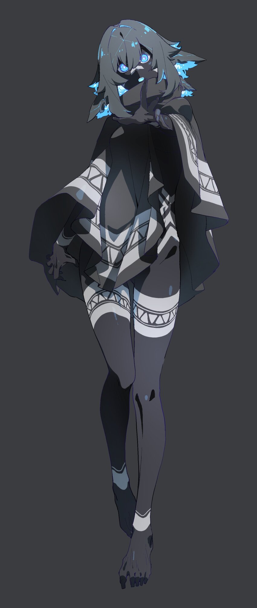 1girl, absurdres, bare_legs, barefoot, black_background, black_hair, black_poncho, black_skin