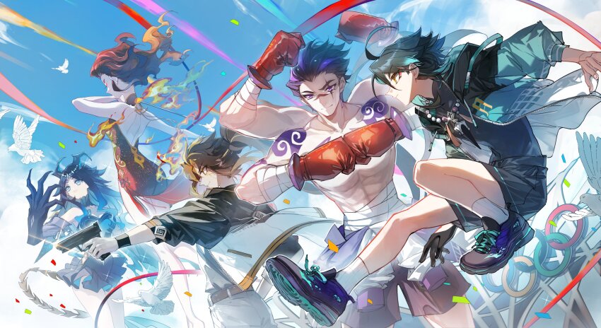2024_summer_olympics, 2girls, 3boys, absurdres, alternate_costume, aqua_hair, arm_tattoo, bandages