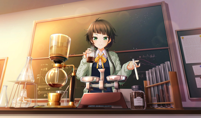 1girl, alcohol_burner, balance_scale, beaker, black_cardigan, black_hair, bulletin_board, cardigan, chalkboard, cinderella_series, closed_mouth, coat, coffee, collared_shirt, diagonal_bangs, erlenmeyer_flask, film_grain, flask, game_cg, green_coat, green_eyes, grey_skirt, hachigatsu_no_cinderella_nine, highres, holding, holding_beaker, holding_test_tube, indoors, laboratory, lens_flare, light_particles, lihua_lin, long_hair, long_sleeves, low_twintails, mole, mole_under_mouth, neck_ribbon, non-web_source, official_art, open_clothes, open_coat, plaid_clothes, plaid_skirt, pleated_skirt, ribbon, satogahama_school_uniform, school_uniform, shirt, skirt, smile, solo, standing, steam, test_tube, test_tube_rack, twintails, weighing_scale, white_shirt, yellow_ribbon