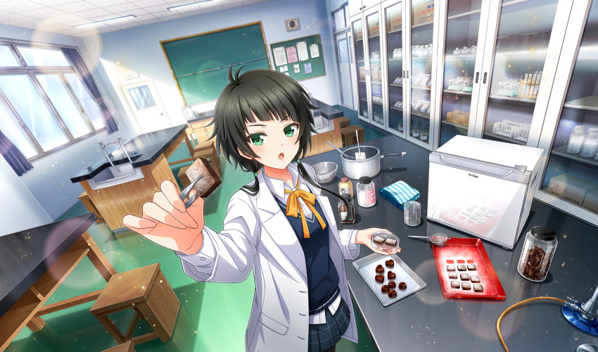 1girl, :o, arm_up, black_car, black_hair, blush, bowl, bulletin_board, candy, car, ceiling, chair, chalkboard, chocolate, chocolate_heart, cinderella_series, coat, collared_shirt, cooking, curtains, diagonal_bangs, dutch_angle, food, game_cg, green_eyes, grey_skirt, hachigatsu_no_cinderella_nine, heart, heart-shaped_food, highres, holding, holding_chocolate, holding_food, incoming_food, indoors, lab_coat, laboratory, lens_flare, light_particles, lihua_lin, long_hair, long_sleeves, looking_at_viewer, low_twintails, mole, mole_under_mouth, motor_vehicle, neck_ribbon, non-web_source, official_art, open_mouth, petri_dish, plaid_clothes, plaid_skirt, pleated_skirt, reaching, reaching_towards_viewer, ribbon, satogahama_school_uniform, school_uniform, shirt, skirt, solo, sparkle, spatula, speaker, standing, tile_ceiling, tiles, tweezers, twintails, valentine, white_coat, white_shirt, window, winter_uniform, wooden_chair, yellow_ribbon