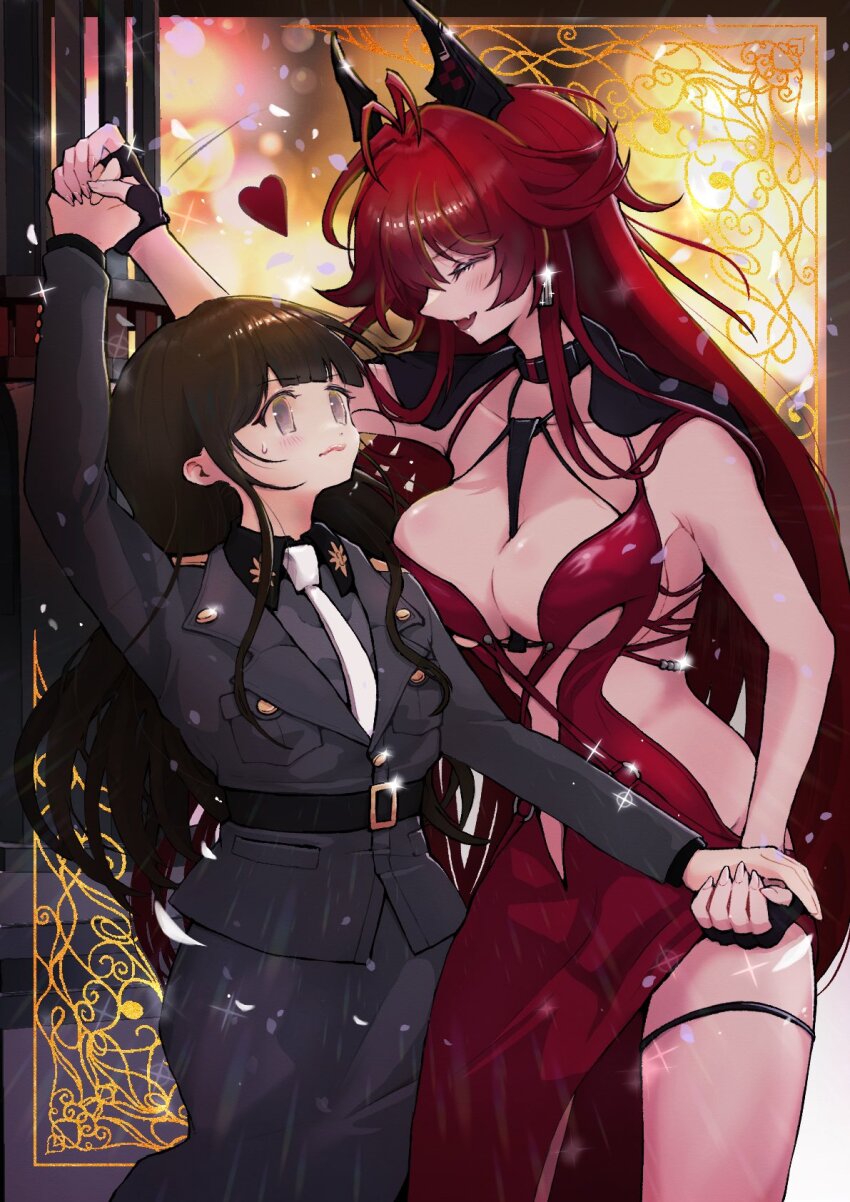 1girl, 2girls, antenna_hair, asymmetrical_hair, belt, between_breasts, black_belt, black_gloves