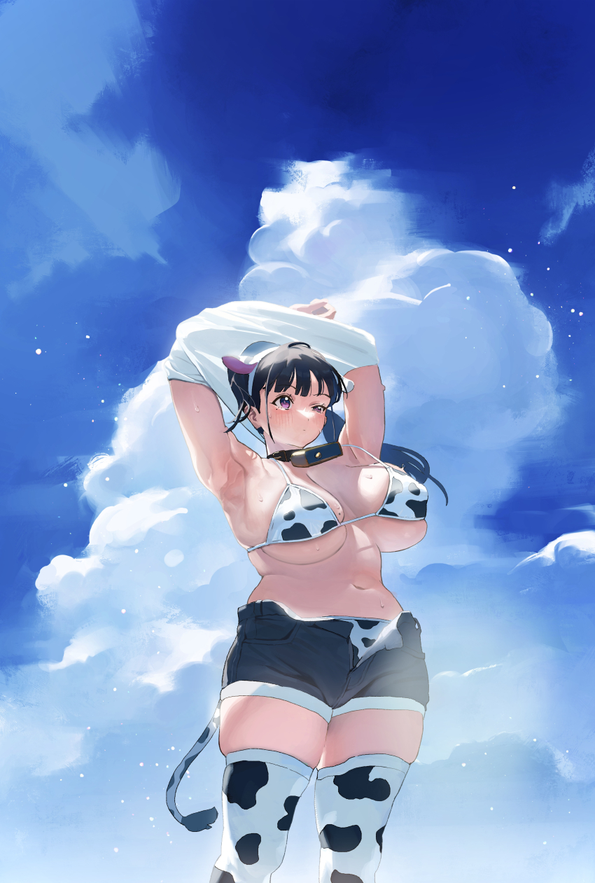 1girl, absurdres, animal_ears, animal_print, armpits, arms_up, bell, bikini