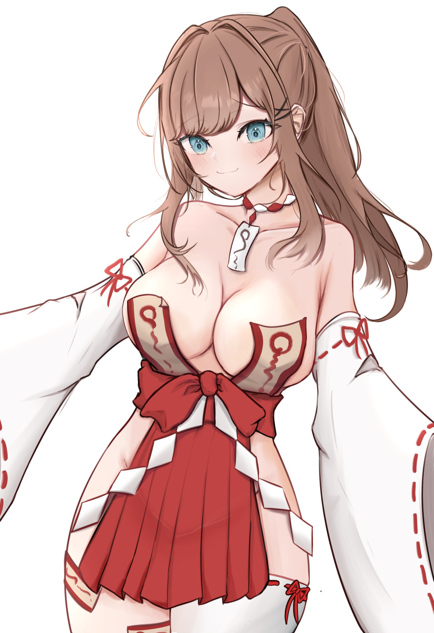 1girl, :3, absurdres, alternate_costume, bare_shoulders, blush, breasts, brown_hair, closed_mouth, collar, collarbone, commentary_request, detached_sleeves, green_eyes, groin, hair_intakes, hair_ornament, hairclip, hakama, hakama_short_skirt, hakama_skirt, high_ponytail, highres, japanese_clothes, large_breasts, long_hair, long_sleeves, looking_at_viewer, nijisanji, nontraditional_miko, ofuda, ofuda_on_leg, ofuda_on_nipples, outstretched_arms, pasties, ponytail, potari_shrine_maiden, red_collar, red_hakama, red_ribbon, red_skirt, ri_shan, ribbon, shide, simple_background, single_thighhigh, skirt, smile, solo, spread_arms, suzuhara_lulu, thighhighs, thighs, two-tone_collar, virtual_youtuber, white_background, white_collar, white_sleeves, white_thighhighs, wide_sleeves, x_hair_ornament