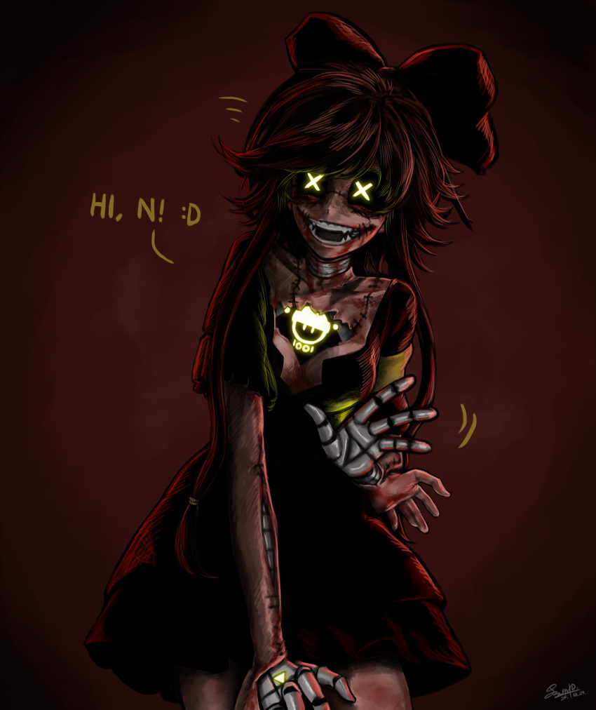 1girl, absurdres, android, armband, black_bow, black_bowtie, blood, blood_from_mouth