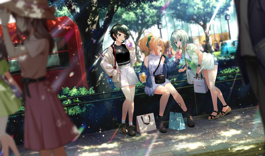bag, belt, black_belt, black_footwear, black_hair, blonde_hair, blue_eyes, blue_shorts, blurry, bow, brown_eyes, bus, cinderella_series, closed_mouth, cup, depth_of_field, diagonal_bangs, disposable_cup, dress, drinking_straw, drinking_straw_in_mouth, dutch_angle, eye_contact, film_grain, game_cg, green_bow, green_eyes, green_hair, green_jacket, hachigatsu_no_cinderella_nine, hair_bow, hand_on_own_hip, high_ponytail, highres, holding, holding_bag, holding_cup, jacket, lens_flare, light_particles, light_rays, lihua_lin, long_hair, long_sleeves, looking_at_another, low_twintails, mashiro_rei_(hachigatsu_no_cinderella_nine), mole, mole_under_mouth, motor_vehicle, multiple_girls, non-web_source, official_art, on_railing, open_clothes, open_jacket, open_mouth, outdoors, paper_bag, ponytail, railing, road, sandals, shirt, short_hair, shorts, sitting, skirt, sleeveless, sleeveless_dress, sleeveless_shirt, smile, socks, sparkle, standing, street, sunbeam, sunlight, takanashi_yuzu, tree, tree_shade, twintails, white_dress, white_jacket, white_shirt, white_skirt, white_socks