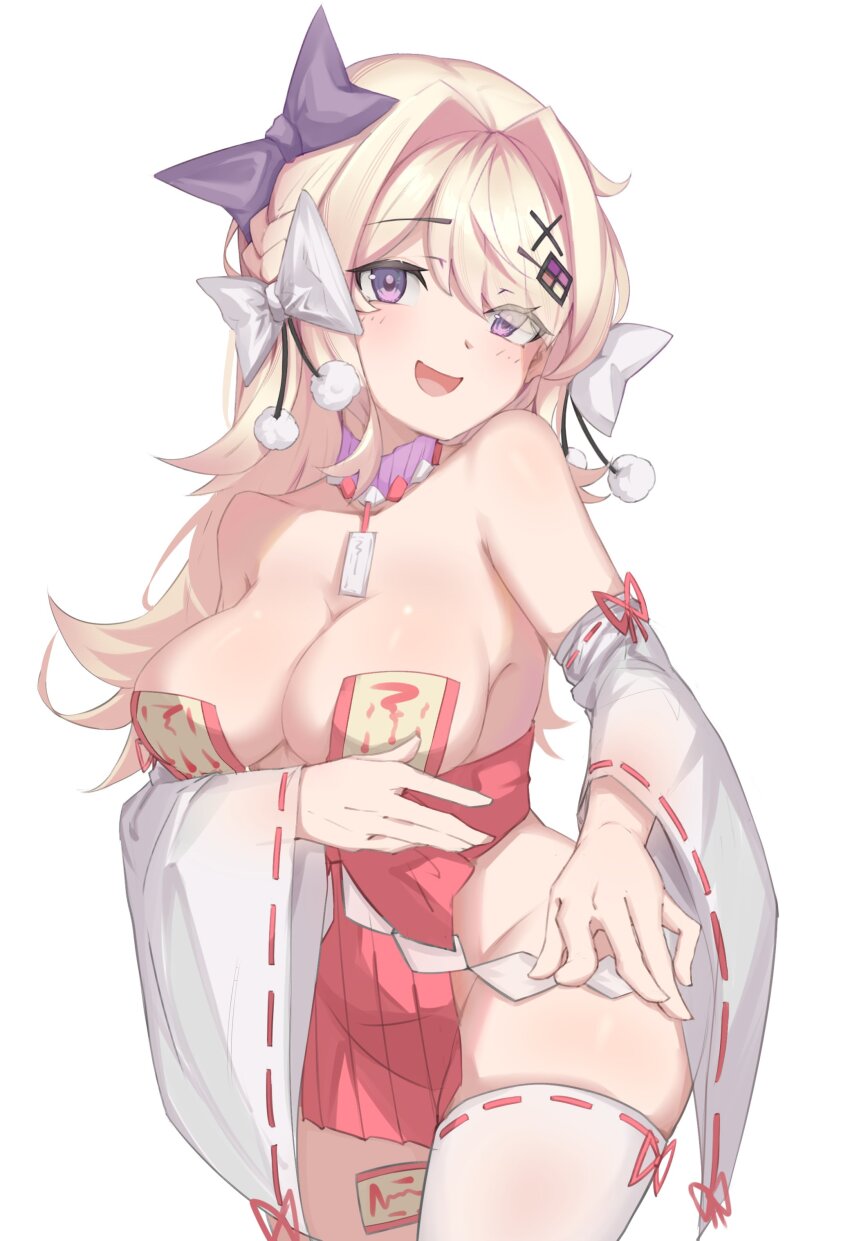 1girl, absurdres, alternate_costume, bare_shoulders, blush, bow, braid, breasts, choker, collarbone, commentary, detached_sleeves, diamond_hair_ornament, groin, hair_bow, hair_intakes, hair_ornament, hairclip, hakama, hakama_short_skirt, hakama_skirt, highres, indie_virtual_youtuber, japanese_clothes, large_breasts, light_brown_hair, locria_(lingyuzhisi), long_hair, looking_at_viewer, nontraditional_miko, ofuda, ofuda_on_leg, ofuda_on_nipples, open_mouth, pasties, pink_skirt, pom_pom_(clothes), potari_shrine_maiden, purple_bow, purple_choker, purple_eyes, shide, simple_background, single_thighhigh, skirt, smile, solo, thighhighs, thighs, virtual_youtuber, watagashi_unou, white_background, white_bow, white_sleeves, white_thighhighs, wide_sleeves, x_hair_ornament