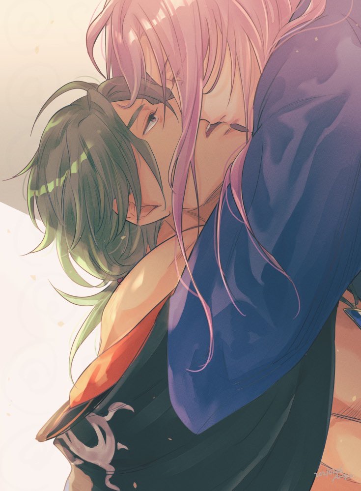 2boys, ango_(f_ango), bara, cherry_blossom_(sk8), green_hair, jacket, jewelry, joe_(sk8)