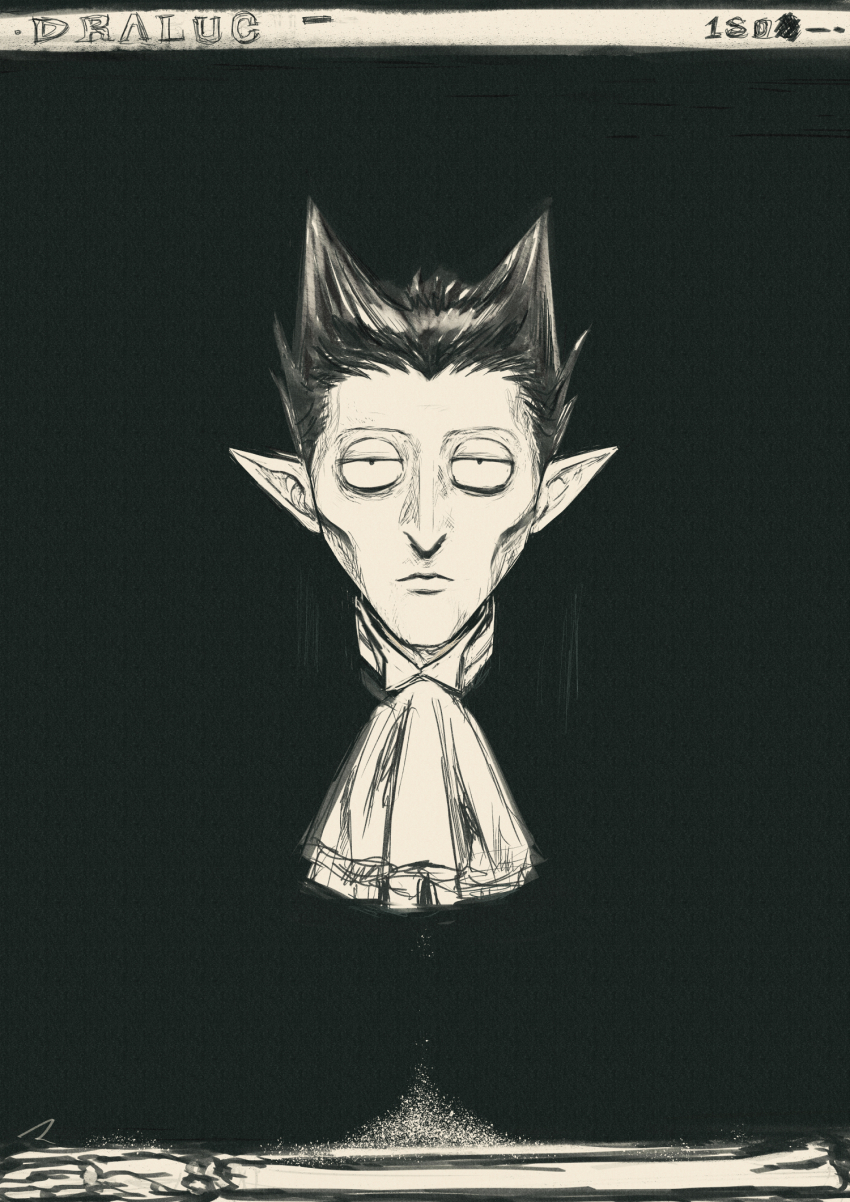 1boy, ascot, black_background, black_hair, cheekbones, commentary, draluc_(kyuuketsuki_sugu_shinu), english_commentary