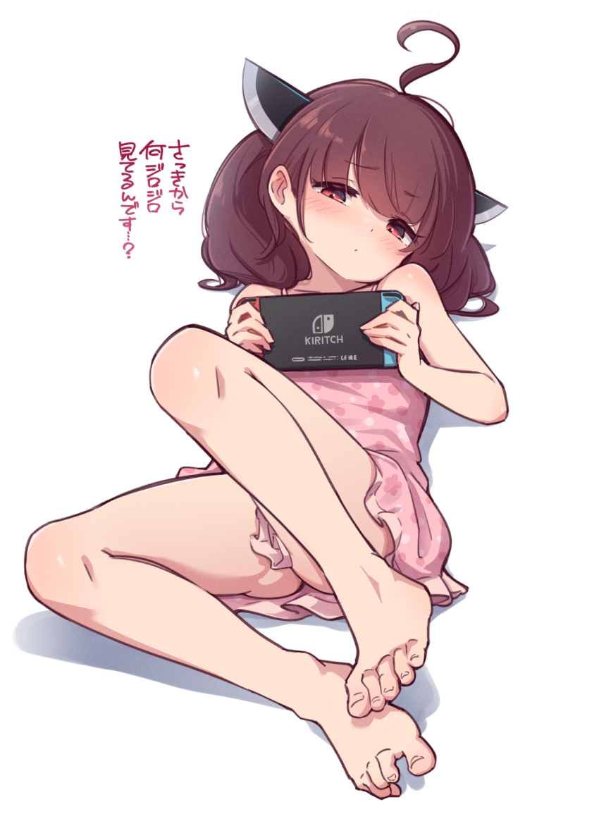 1girl, ahoge, barefoot, brand_name_imitation, brown_eyes, brown_hair, commentary, feet, hakushi_(empty_blanc), highres, nintendo_switch, no_panties, solo, touhoku_kiritan, translated, twintails, voiceroid, white_background