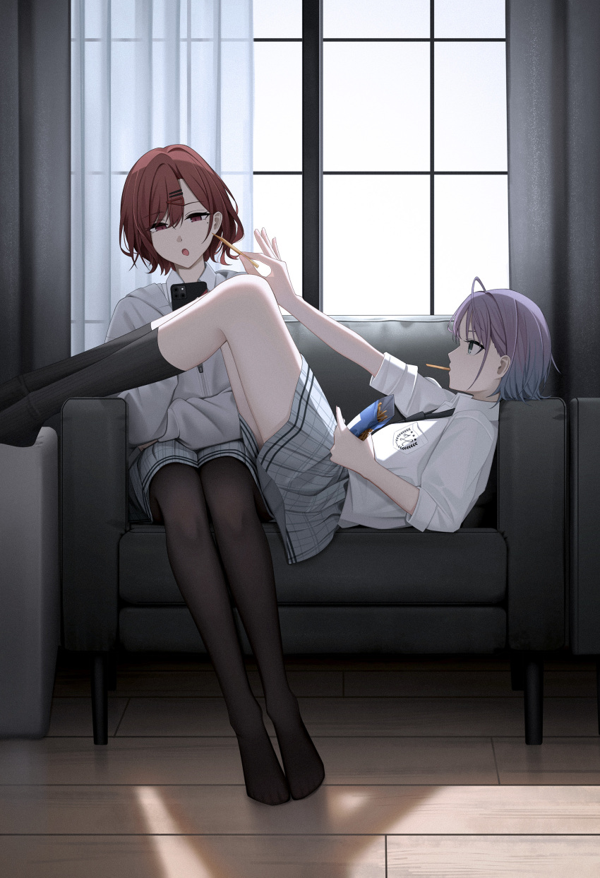 2girls, absurdres, asakura_toru, black_necktie, black_pantyhose, black_socks, blue_eyes, blue_hair