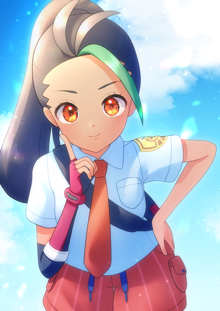 1girl, absurdres, black_hair, breast_pocket, closed_mouth, cloud, collared_shirt, commentary_request