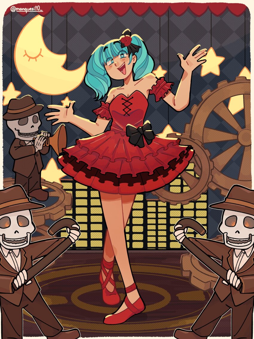 1girl, absurdres, ankle_ribbon, aqua_eyes, aqua_hair, argyle_background, armband, ballet