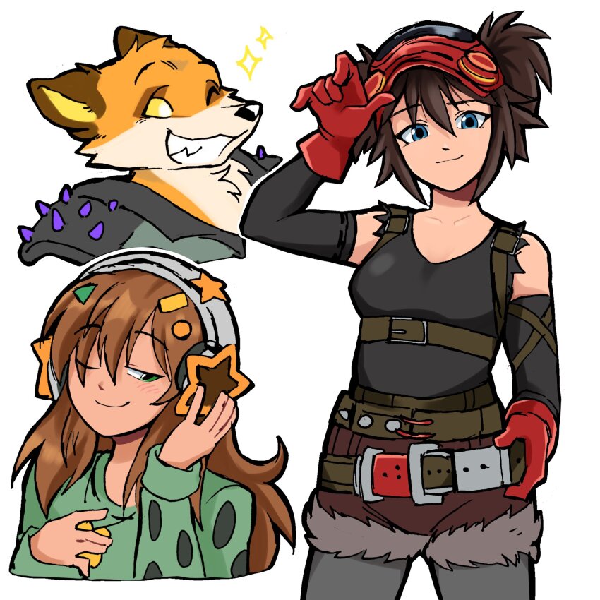 1boy, 2girls, animal_ears, blue_eyes, blush, body_fur, breasts, brown_hair, commentary, cropped_torso, english_commentary, fennix, fortnite, fox_boy, fox_ears, furry, furry_male, goggles, goggles_on_head, green_eyes, green_shirt, grin, headphones, highres, jewelry, long_hair, looking_at_viewer, multiple_girls, necklace, one_eye_closed, orange_fur, pantyhose, pj_(fortnite), shirt, short_twintails, simple_background, smile, standing, star_(symbol), the_machinist_(fortnite), twintails, verafan4ever, white_background, yellow_eyes