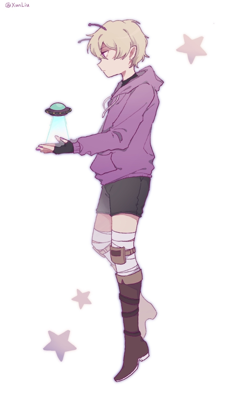 1boy, alien, animification, antennae, artist_name, bandaged_leg, bandages, black_gloves