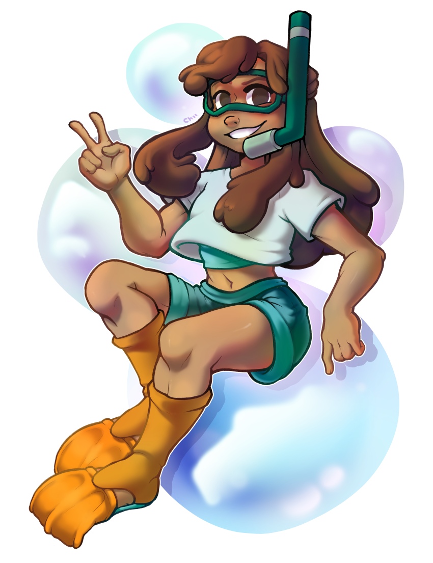 1girl, absurdres, aqua_shirt, aqua_shorts, blush, brown_eyes, brown_hair, bubble