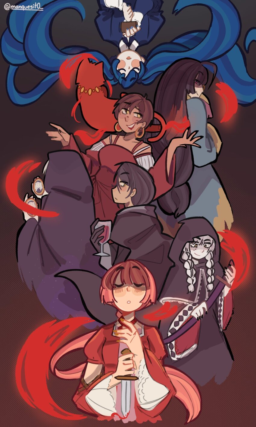 1boy, 6+girls, ahoge, alcohol, alternate_hair_color, aqua_kimono, arm_cutout, back