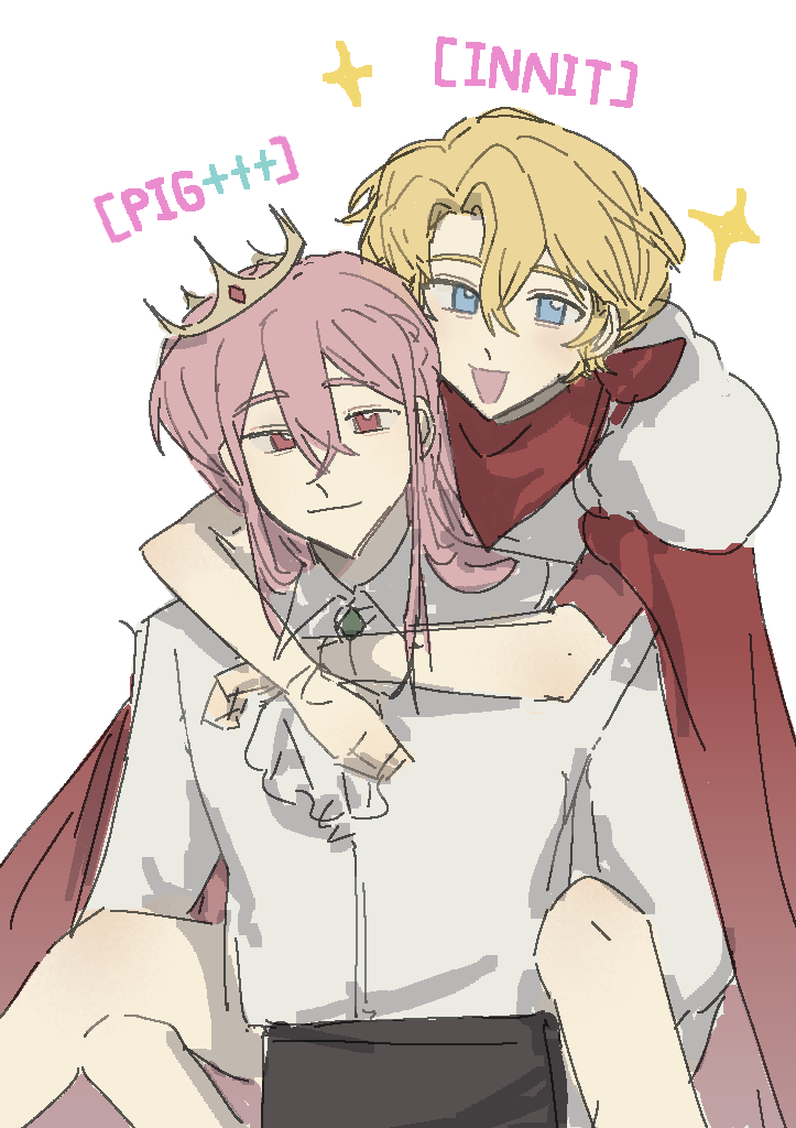 2boys, androgynous, animification, arms_around_neck, bishounen, black_pants, blonde_hair, blue_eyes