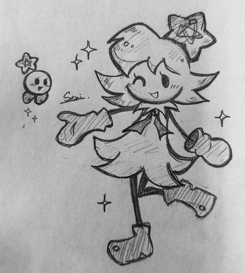 1girl, alteredeq, boots, dress, eyelashes, full_body, greyscale, highres, mario_&amp;_luigi_rpg, mario_(series), mittens, monochrome, nintendo, one_eye_closed, open_mouth, personification, ribbon, short_hair, signature, solo, sparkle, starlow