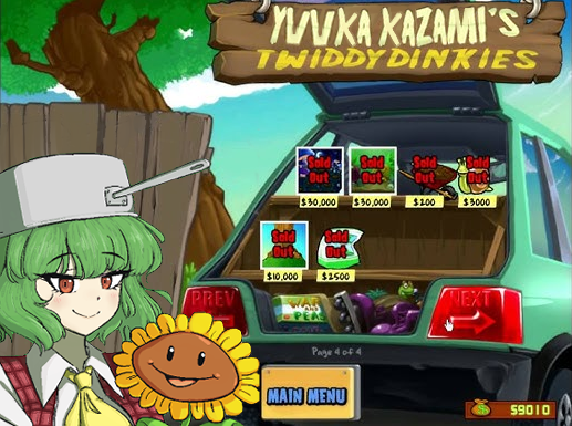 1girl, alt_text, ascot, blush, brown_eyes, closed_mouth, commentary, cosplay, crazy_dave_(plants_vs._zombies), crazy_dave_(plants_vs._zombies)_(cosplay), crossover, english_commentary, frying_pan, green_hair, kazami_yuuka, looking_at_viewer, orange_king24, plants_vs._zombies, short_hair, smile, sunflower_(plants_vs._zombies), touhou, upper_body, user_interface, yellow_ascot