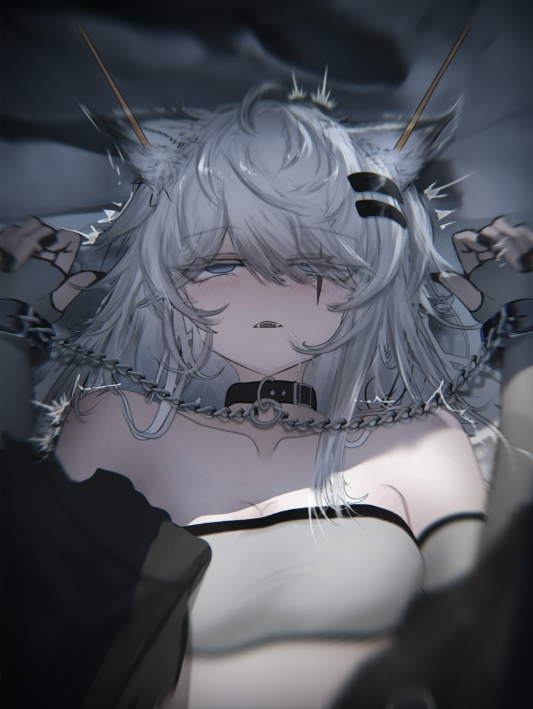 2girls, animal_ears, arknights, bandeau, bdsm, black_nails, blue_eyes, blurry, blush, bound, bound_wrists, breasts, chain, cleavage, collar, collarbone, commentary, crop_top, dark, drooling, ear_cleaning, eargasm, fangs, fingerless_gloves, fingernails, gloves, grey_gloves, grey_hair, hair_ornament, hairclip, half-closed_eyes, lappland_(arknights), leash, long_hair, lying, mebe_(teadia_violet), mimikaki, multiple_girls, nail_polish, on_back, open_mouth, out_of_frame, restrained, saliva, scar, scar_across_eye, scar_on_face, solo_focus, teeth, texas_(arknights), torogao, twitching, uncommon_stimulation, upper_teeth_only, wolf_ears, wolf_girl, wrist_cuffs, wrists_to_collar, yuri