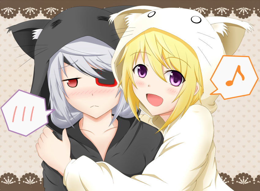 10s, 2girls, animal_hood, blonde_hair, blush, cat_hood, charlotte_dunois, eyepatch