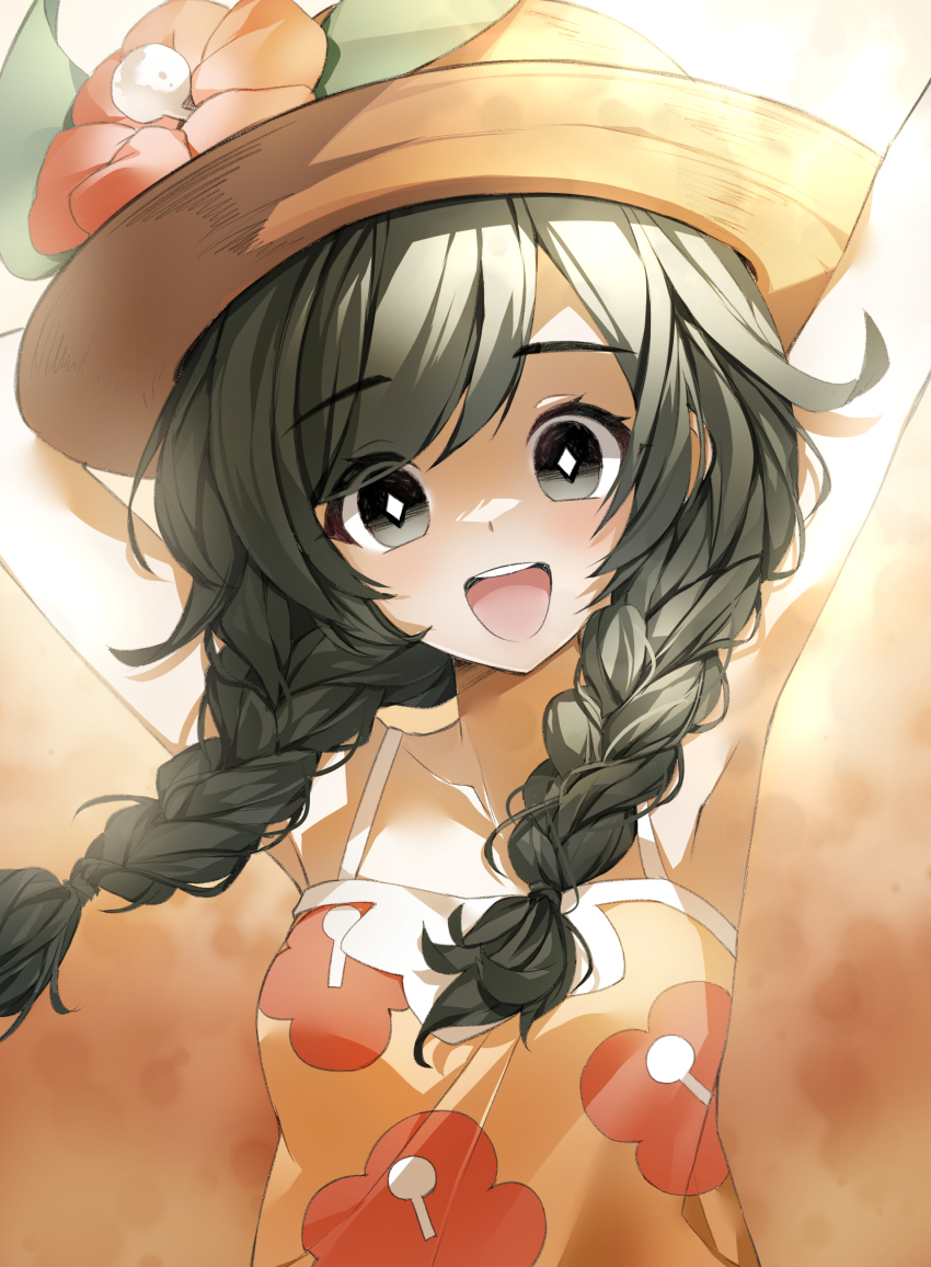 1girl, :d, absurdres, armpits, arms_up, braid, cloudsmoothie, commentary