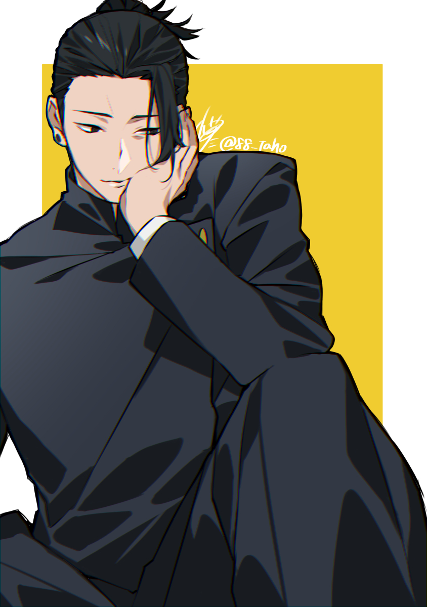 1boy, arm_up, black_coat, black_eyes, black_hair, black_pants, border, closed_mouth