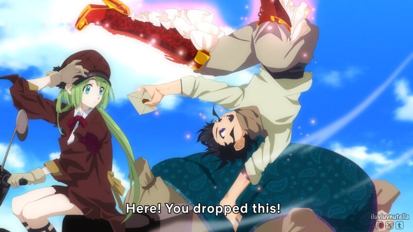 1boy, 1girl, beige_gloves, black_hair, blue_eyes, boots, brown_jacket, cloud