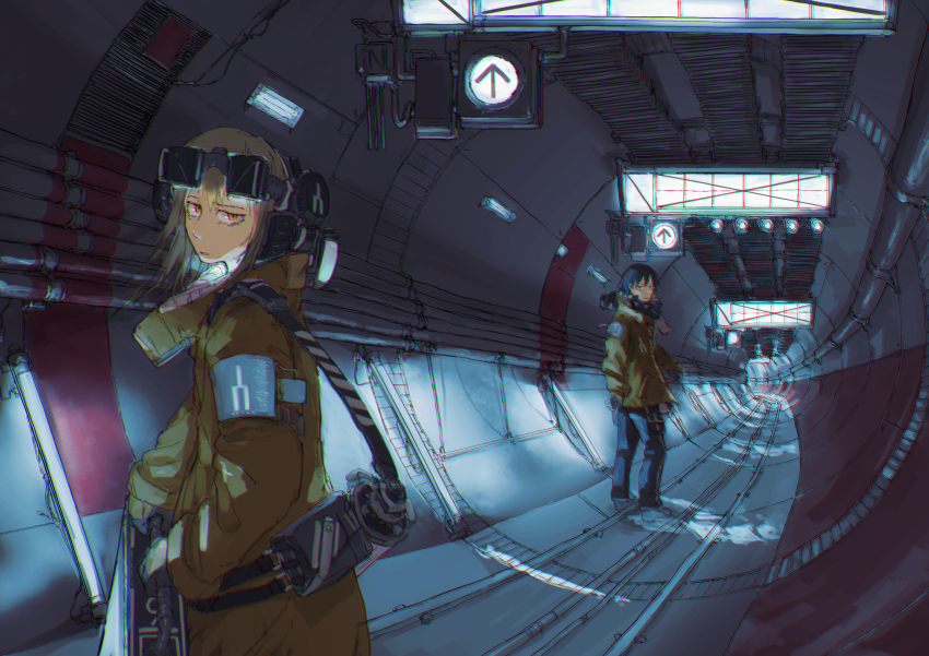 1boy, 1girl, absurdres, arrow_(symbol), black_gloves, black_hair, blonde_hair, ceiling_light