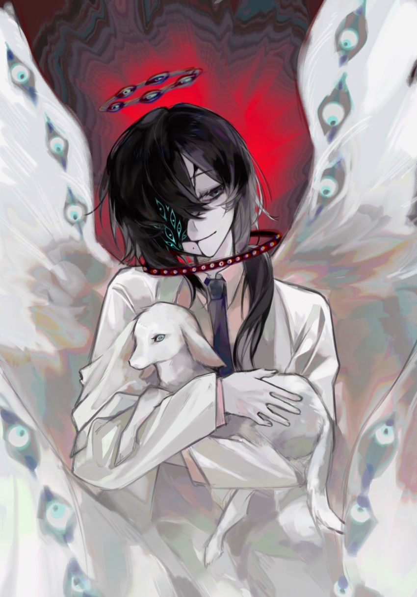 1boy, animal, aosadekuermanpifa, baby_animal, biblically_accurate_angel, black_eyes, black_hair, black_necktie, chinese_commentary, closed_mouth, collared_shirt, commentary_request, extra_eyes, eyes_on_wings, halo, head_tilt, highres, holding, holding_animal, jacket, lamb, long_hair, long_sleeves, male_focus, mo_chengwei, mole, mole_under_mouth, necktie, open_clothes, open_jacket, pale_skin, pink_shirt, sheep, shirt, smile, solo, touqi_guaitan, upper_body, white_jacket, white_wings, wings