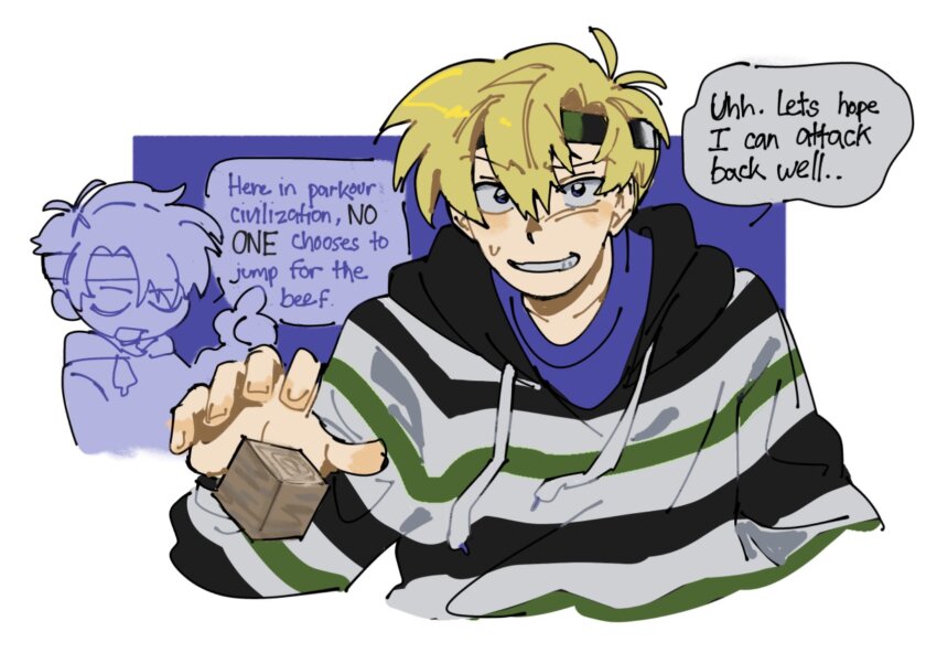 1boy, block_(minecraft), blonde_hair, english_text, evbo, highres, hood, hoodie